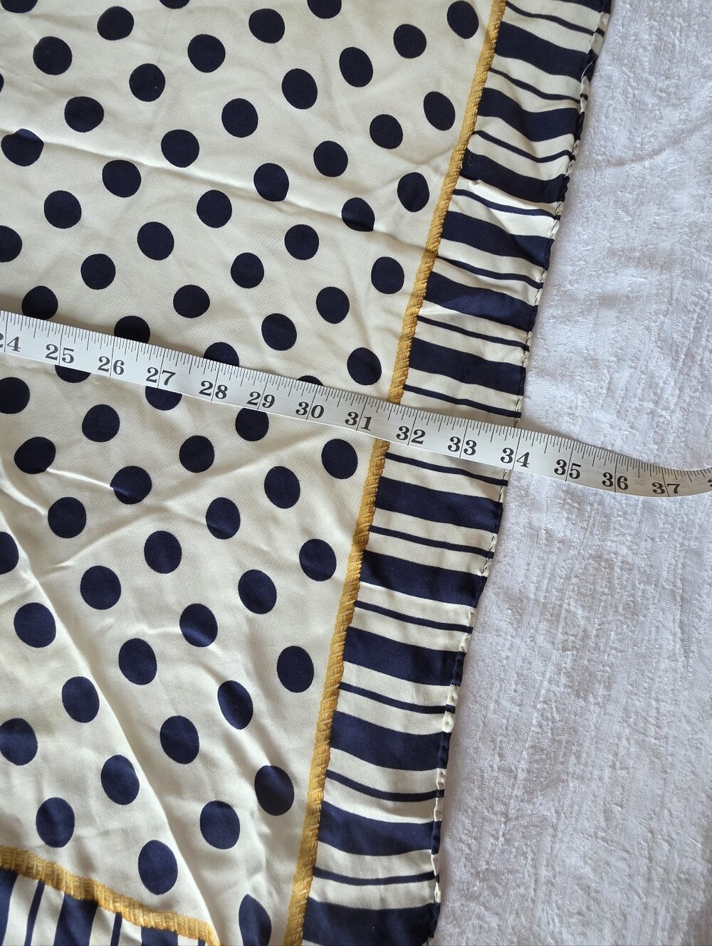 Vintage Retro Polka Dot & Stripe Square Scarf Cream Navy Gold Trim Large 32"